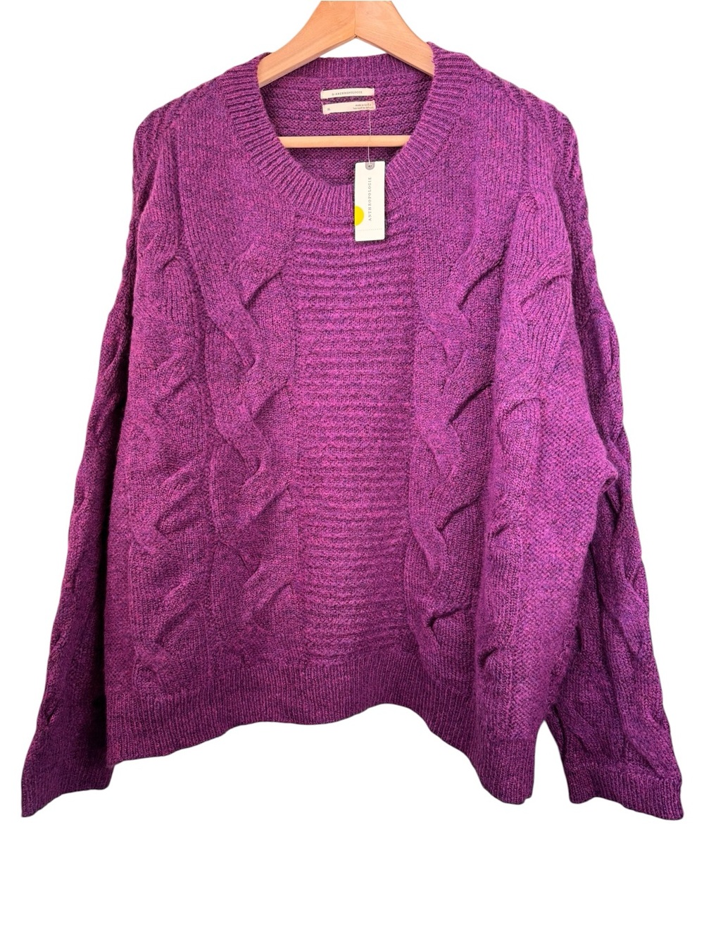 By Anthropologie Dahlia Bell Sleeve Sweater XL NWT Purple Cable Knit Pullover